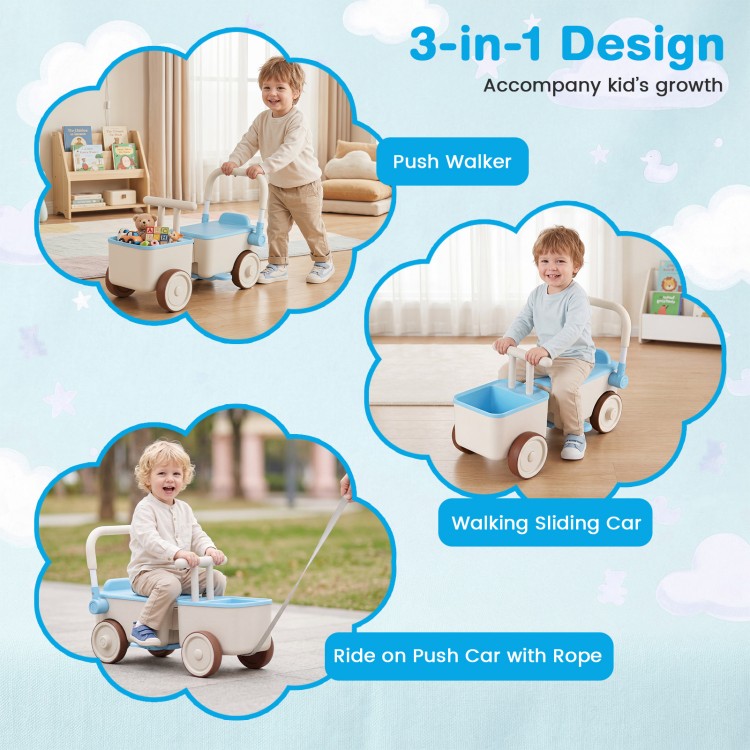 3-in-1 kids ride-on push car in blue, featuring a storage basket, tow rope, and ergonomic handle for safe play.