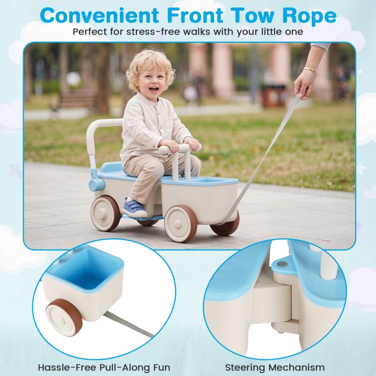 3-in-1 kids ride-on push car in blue with front tow rope, storage basket, and ergonomic handle for easy use.