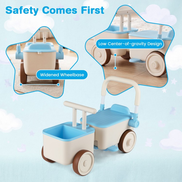 3-in-1 kids ride-on push car in blue with storage basket, low center-of-gravity design, and widened wheelbase for.