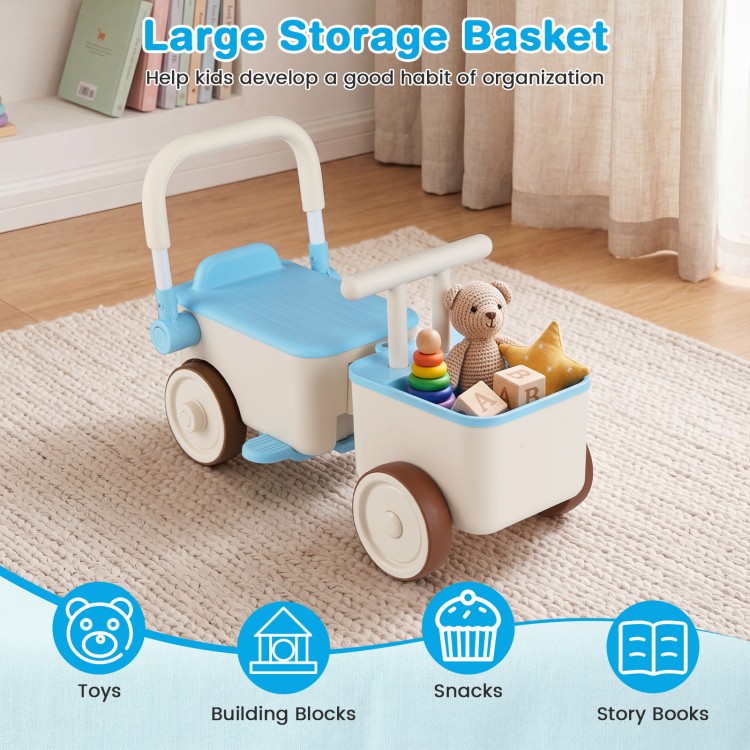 3-in-1 kids ride-on push car in blue with a large storage basket for organizing toys and snacks, ideal for ages 3-6.