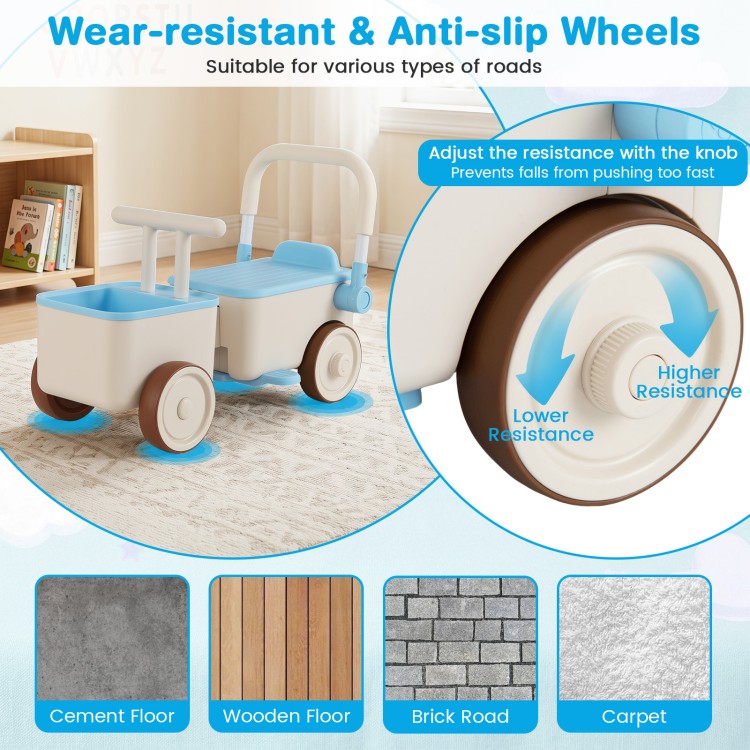 3-in-1 kids ride-on push car in blue with storage basket and wear-resistant wheels for various road types.
