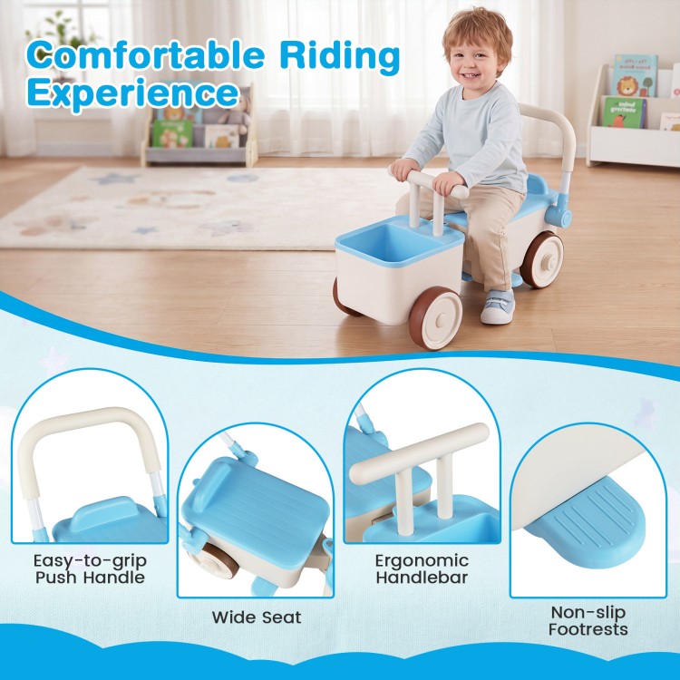 3-in-1 kids ride-on push car in blue with ergonomic handlebar, wide seat, and storage basket for fun and organization.