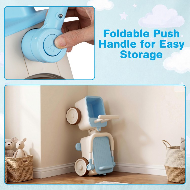 Foldable push handle detail of the 3-in-1 kids ride-on push car in blue, designed for easy storage and convenience.