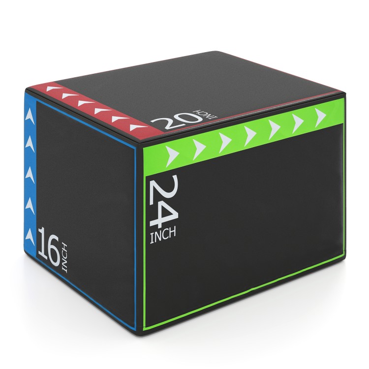 3-in-1 plyometric box with height options of 16, 20, and 24 inches, featuring a soft PU cover for safe workouts.