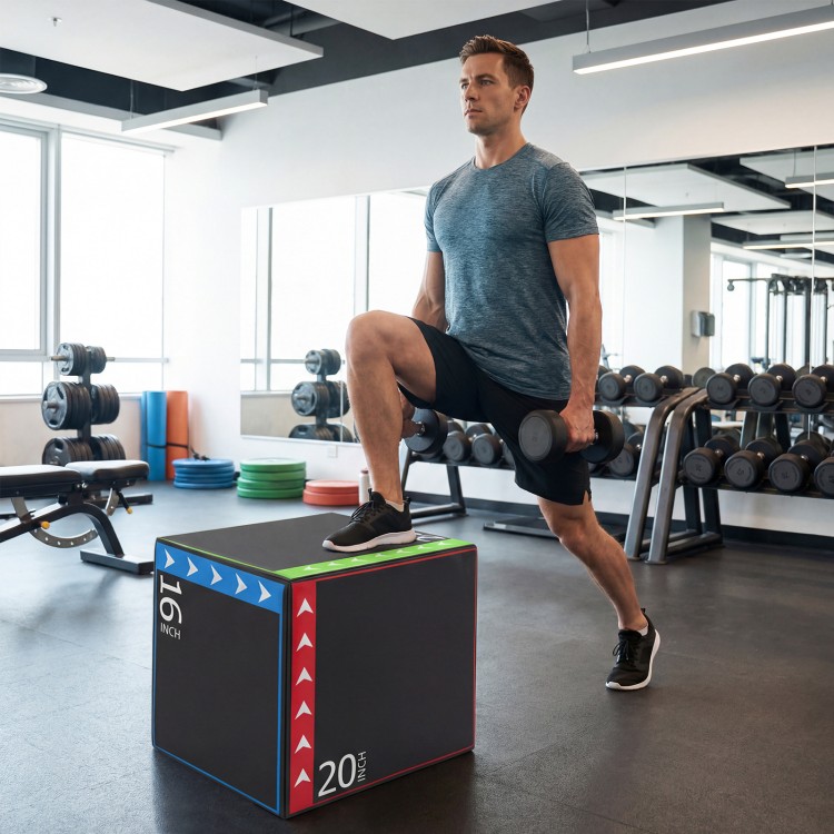 Athlete performing a lunge on a 3-in-1 plyometric box, showcasing its 16-inch height option for versatile workouts.