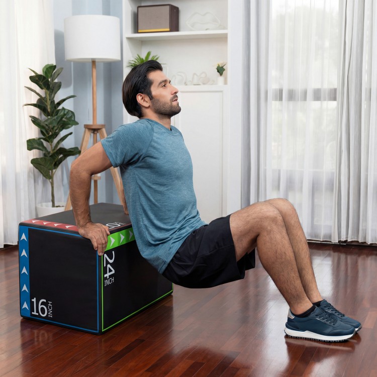 Plyometric box in use for dips, featuring 16-inch height, soft PU cover, and lightweight design for versatile workouts.