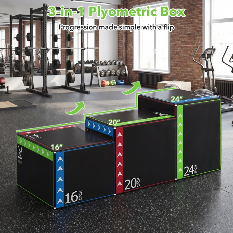 3-in-1 Plyometric Box with 16, 20, and 24-inch height options, featuring a soft PU cover for safe workouts.
