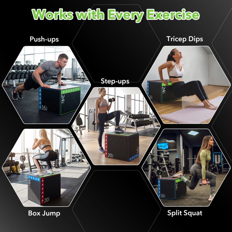 3-in-1 plyometric box with height options for push-ups, dips, and jumps, featuring soft foam and durable PU cover.