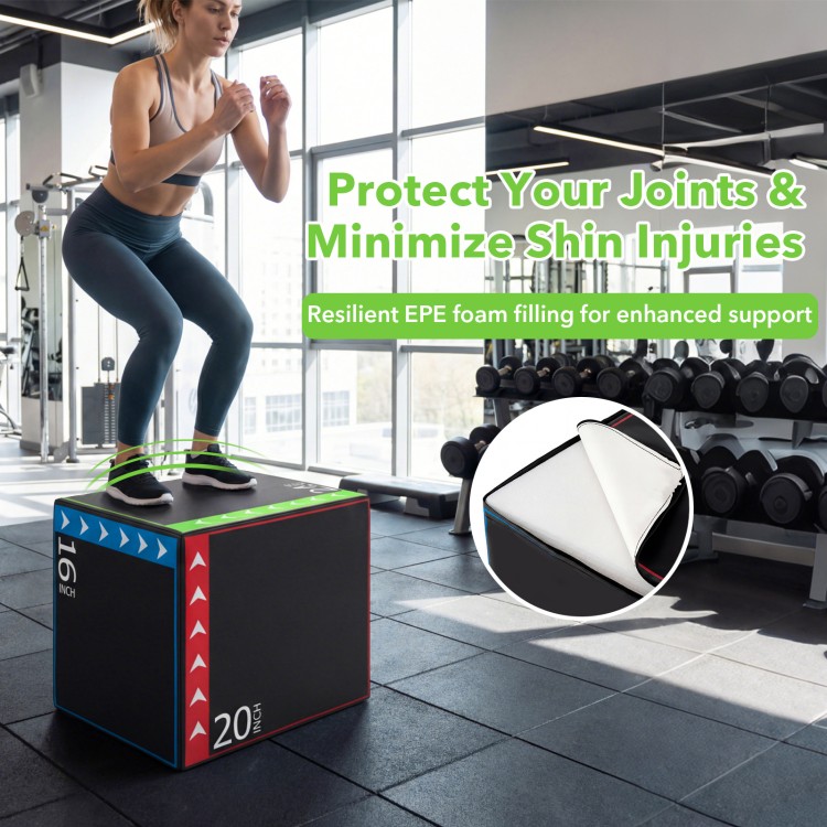 3-in-1 plyometric box with EPE foam, offering 16, 20, and 24-inch heights for versatile workouts and easy transport.