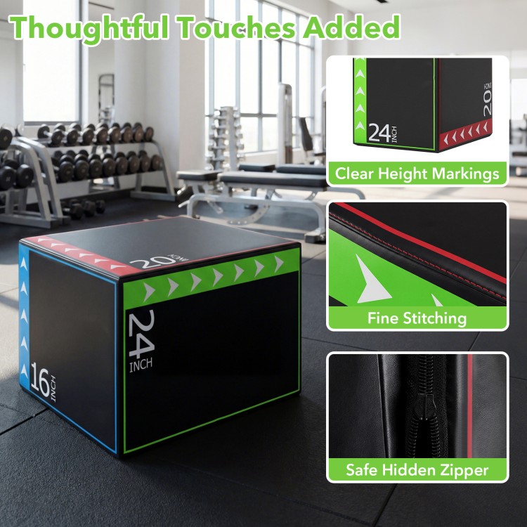 3-in-1 plyometric box with clear height markings, soft PU cover, and fine stitching for versatile training options.