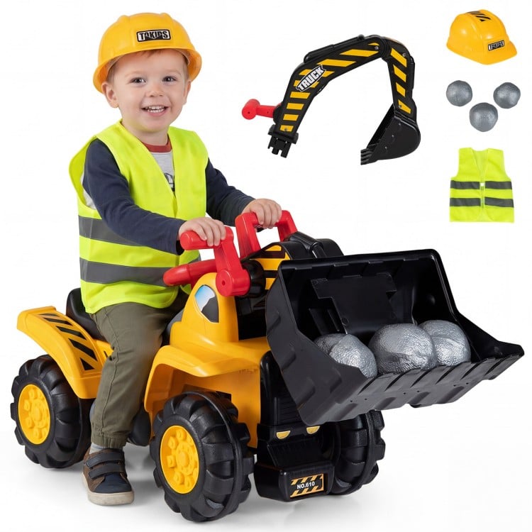 Child riding a 3-in-1 excavator bulldozer with helmet, featuring engine sounds and HDPE wheels for outdoor fun.