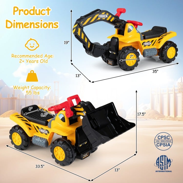 3-in-1 ride-on excavator bulldozer with engine sound, ergonomic seat, and under-seat storage for outdoor fun.