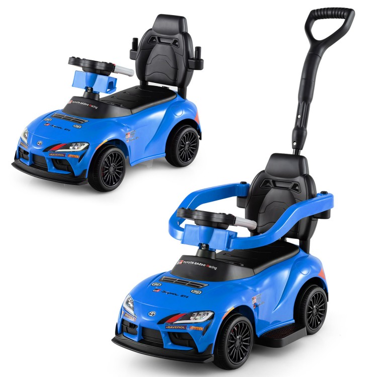 3-in-1 Toyota licensed push car in blue, featuring a parent handle, detachable design, and racing-themed graphics for.