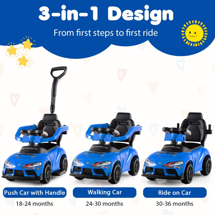 3-in-1 blue Toyota licensed push car, walking car, and ride-on car with parent handle and storage compartment for.