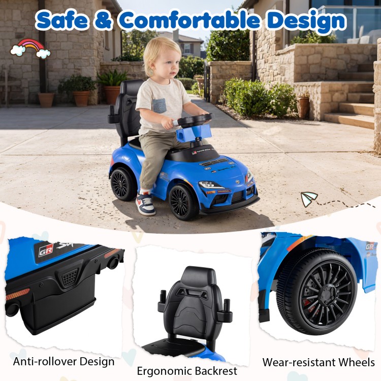 Blue 3-in-1 Toyota licensed foot-to-floor stroller with ergonomic backrest and anti-rollover design for safe play.