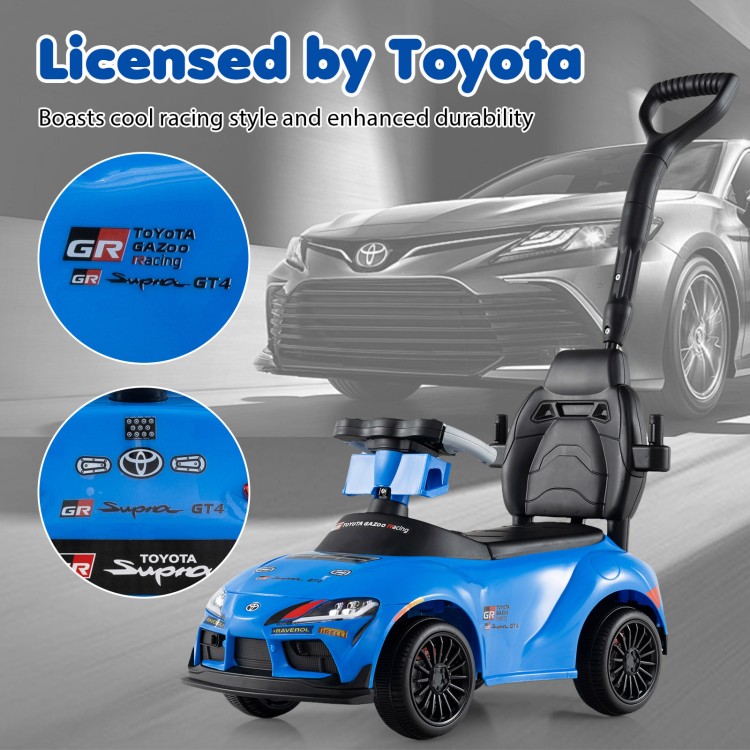 Blue 3-in-1 Toyota licensed foot-to-floor stroller with parent handle, guardrail, and music dashboard for toddlers.
