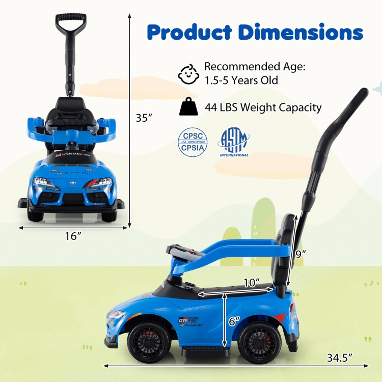 3-in-1 blue Toyota licensed foot-to-floor stroller toy with parent handle, designed for toddlers aged 1.5-5 years.