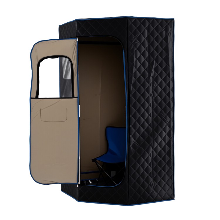 Portable black steam sauna with clear window, external pocket, and included folding chair for home spa sessions.
