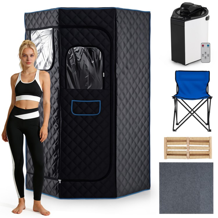 Portable black steam sauna with 9 heat levels, clear window, and included folding chair for home relaxation sessions.