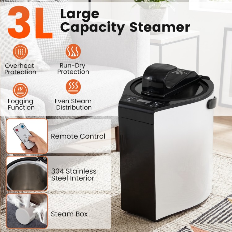 3L portable steam sauna with remote control, 9 heat levels, and 304 stainless steel interior for home relaxation.