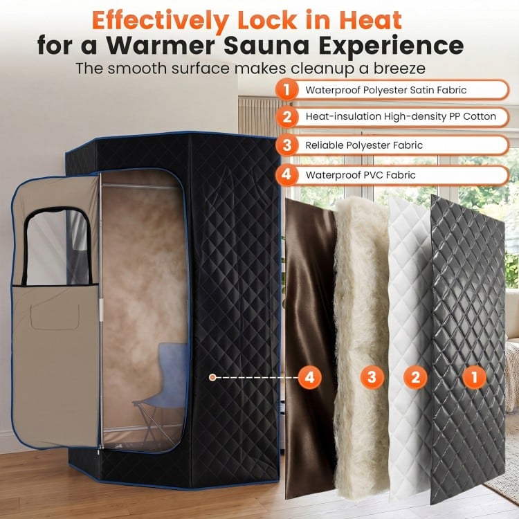 Portable black steam sauna with waterproof polyester fabric, 9 heat levels, and included folding chair for home use.