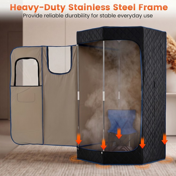 Portable steam sauna with heavy-duty stainless steel frame, clear window, and included folding chair for home use.