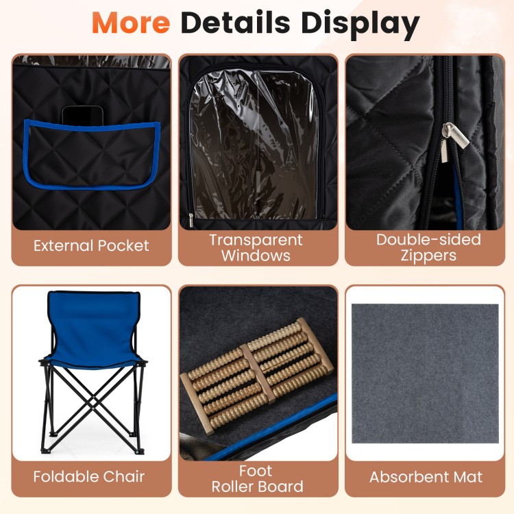 Close-up of the 3L Portable Steam Sauna's external pocket and double-sided zippers, designed for home use and.