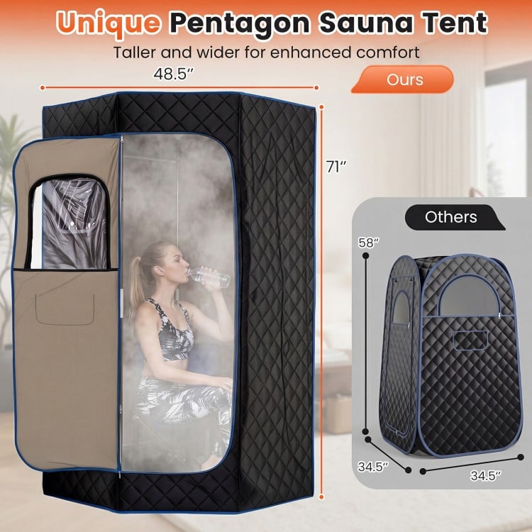 Portable black steam sauna tent with clear window, 9 heat levels, and external pocket for home spa sessions.