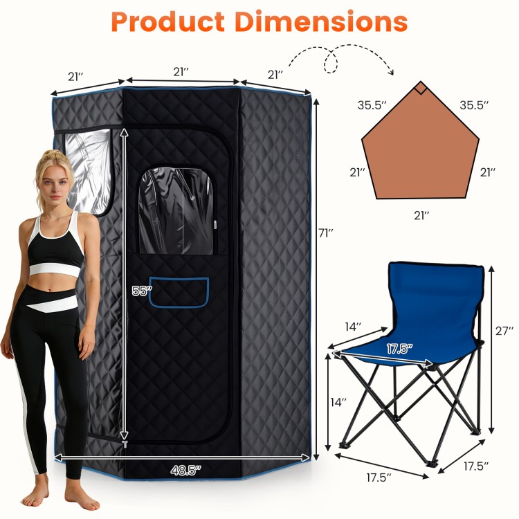Portable black steam sauna with dimensions, 9 heat levels, and included folding chair for home spa sessions.