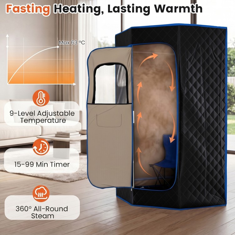 Portable black steam sauna with 9 heat levels, 360° steam circulation, and included folding chair for home relaxation.