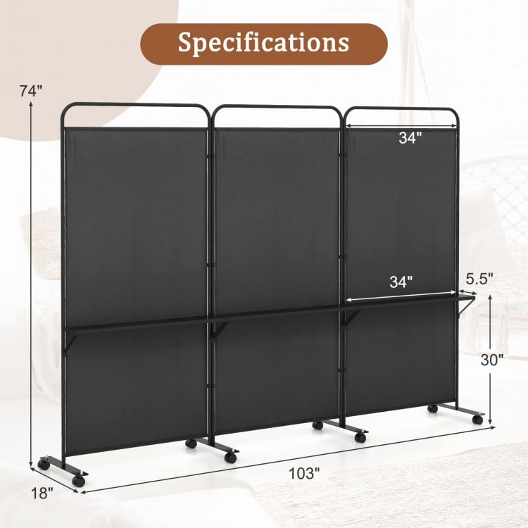 3-panel folding room divider in black with metal shelves, ideal for organizing items in living room or office spaces.