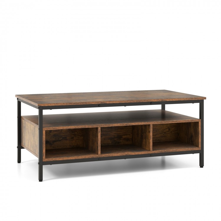 3-tier industrial style coffee table with heavy-duty metal frame, featuring open shelves and cubbies for storage.