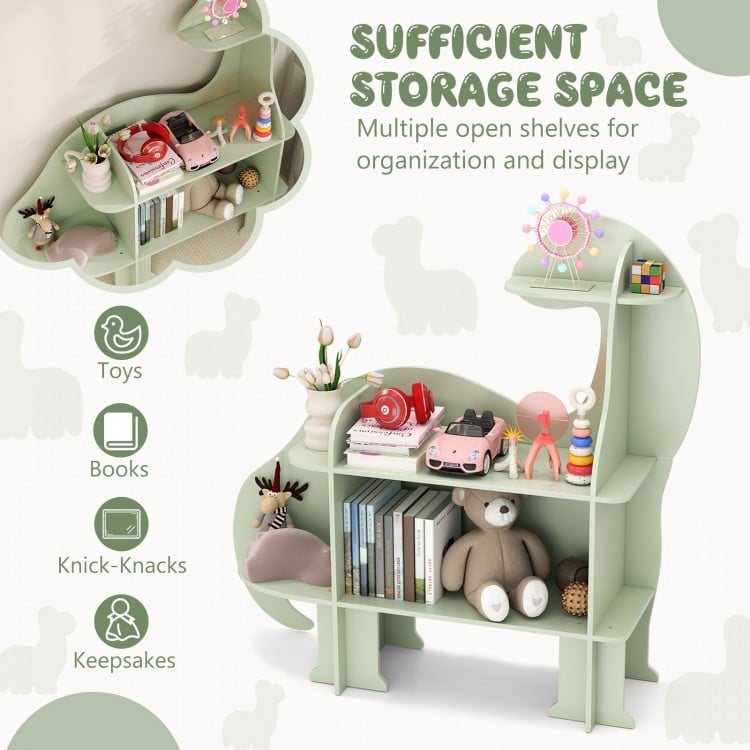 Dinosaur-shaped 3-tier kids bookshelf in green with open shelves for toys, books, and knick-knacks, ideal for nurseries.