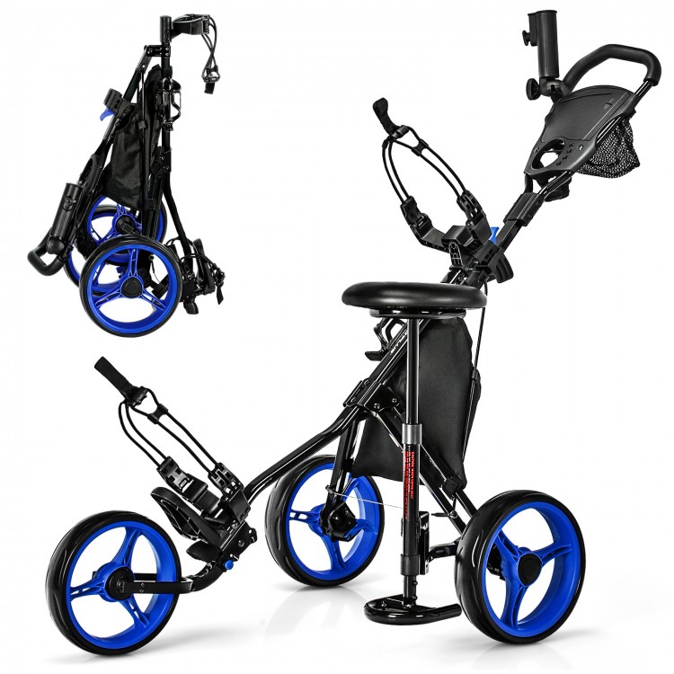 Folding golf push cart with blue wheels, adjustable handle, seat, and storage bag for easy maneuverability on the.