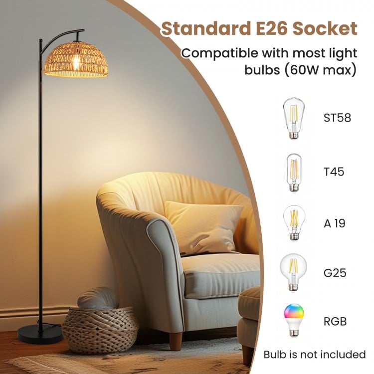 Arc floor lamp with hanging lampshade, 63 inches tall, featuring a black finish and E26 socket for versatile bulb.