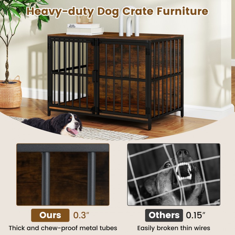 Heavy-duty 40-inch dog crate furniture in rustic brown with dual lockable doors and chew-proof metal tubes for safety.