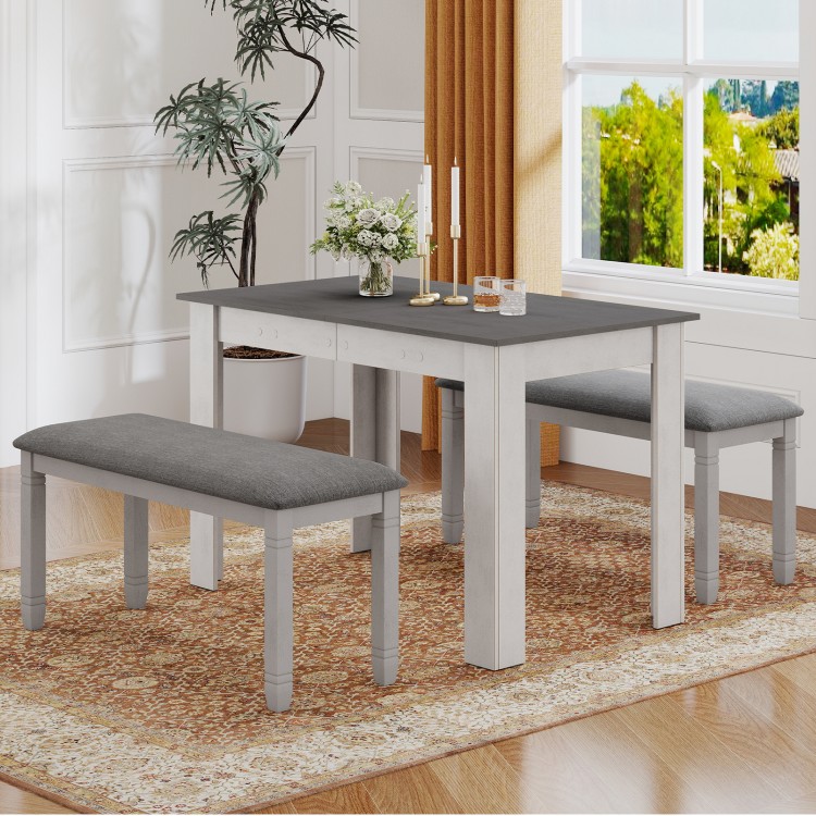 Gray upholstered bedroom bench with padded seat and solid rubber wood legs, perfect for modern home decor and storage.
