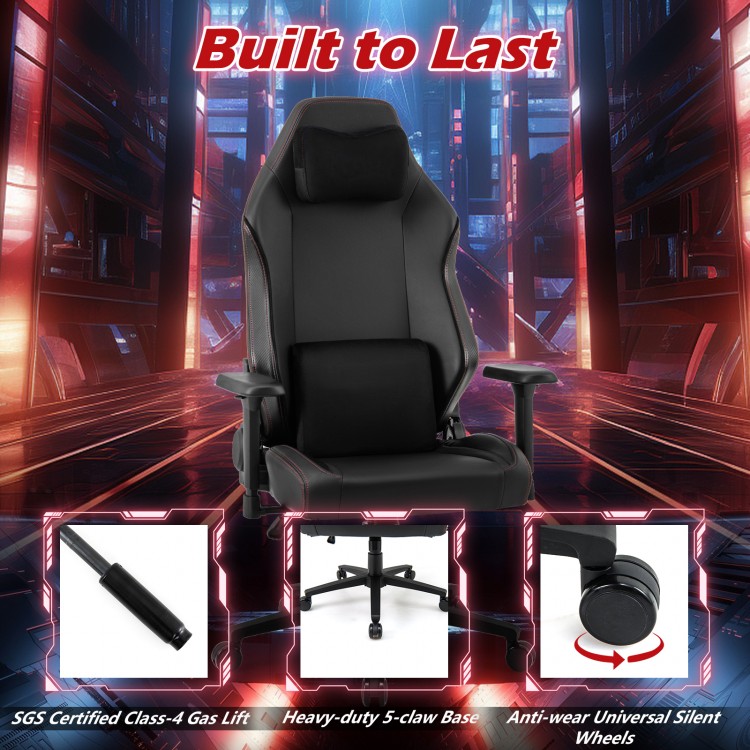 Ergonomic high back computer chair in black with adjustable headrest and lumbar pillow for ultimate comfort and support.