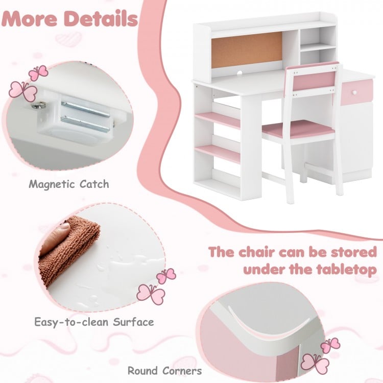 Kids desk and chair set in pink with hutch, featuring a magnetic catch, easy-to-clean surface, and round corners.