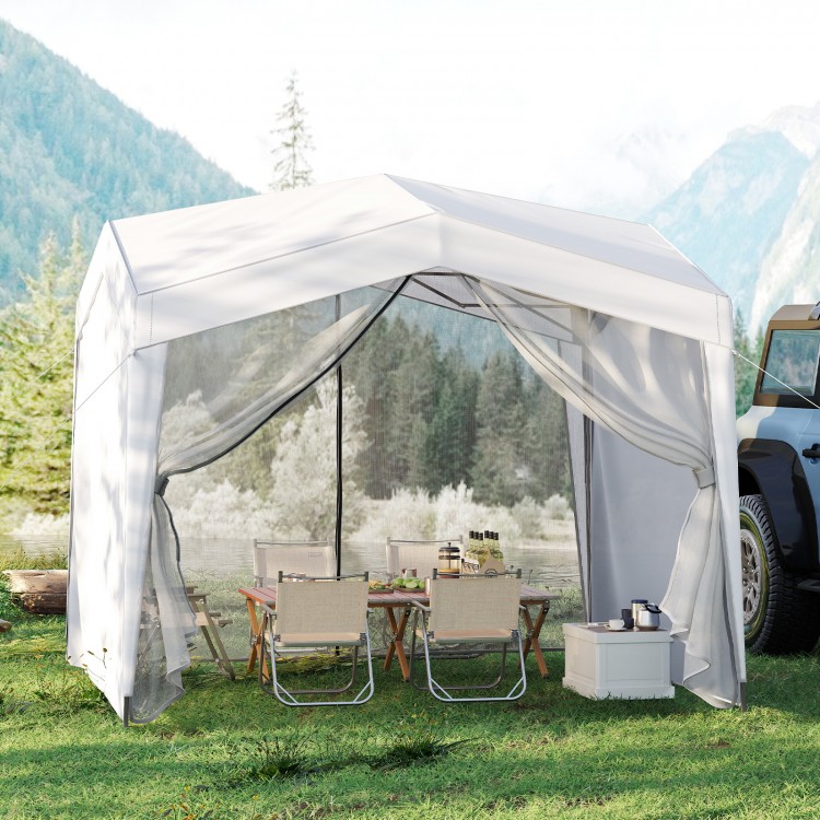 Pop up canopy tent with 4 sidewalls and mesh netting, ideal for outdoor activities and providing UPF50+ sun protection.