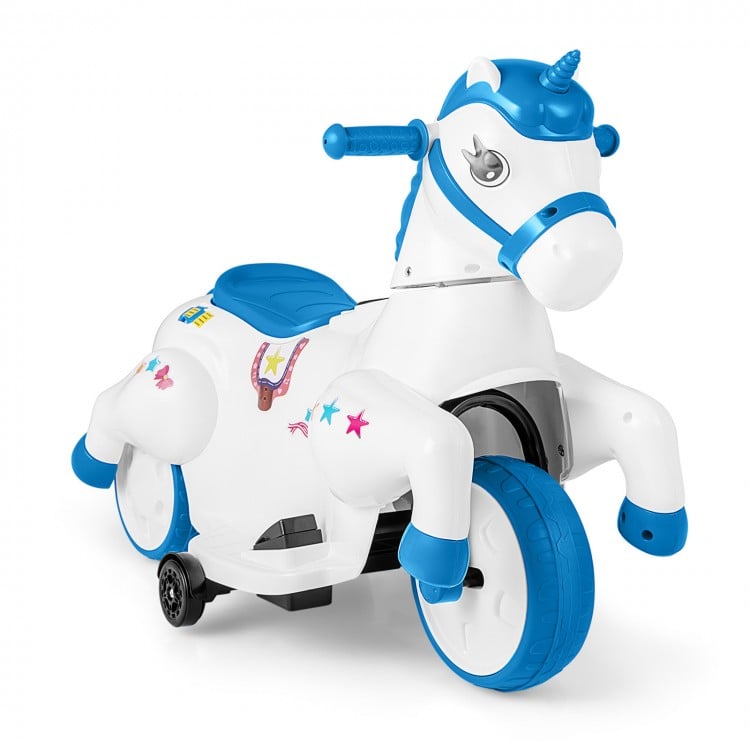 Unicorn ride-on toy with training wheels in navy, featuring dual driving modes and a comfortable seat for kids.