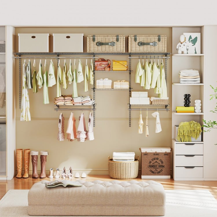 Closet organizer system with 7 shelves and 5 hanging rods in grey, ideal for laundry or bedroom storage solutions.
