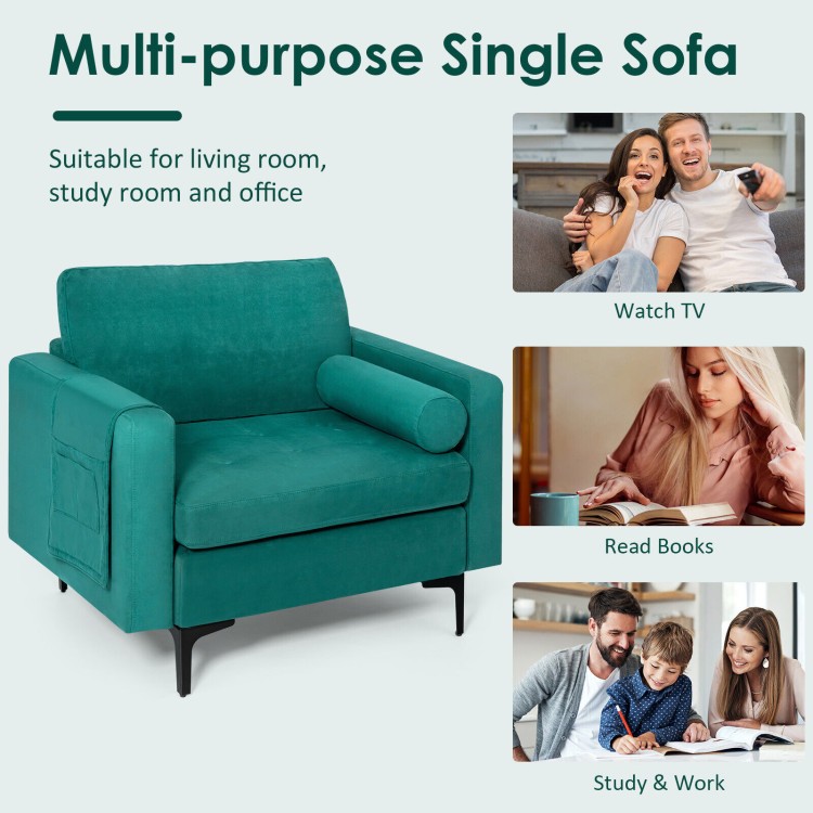 Single modern accent chair in teal suede fabric with removable cushions, ideal for living room or office use.