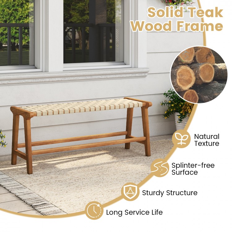 Teak wood patio bench with weave seat, 47 inches long, sturdy structure, ideal for outdoor spaces and comfortable.