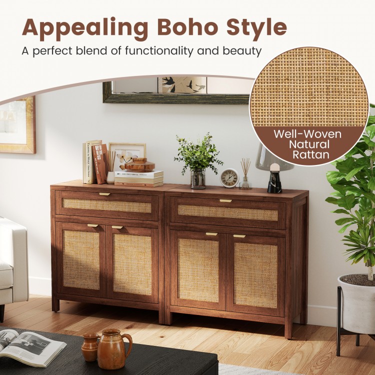 Sideboard storage cabinet with natural rattan doors, brown finish, and spacious top for living room or dining room use.