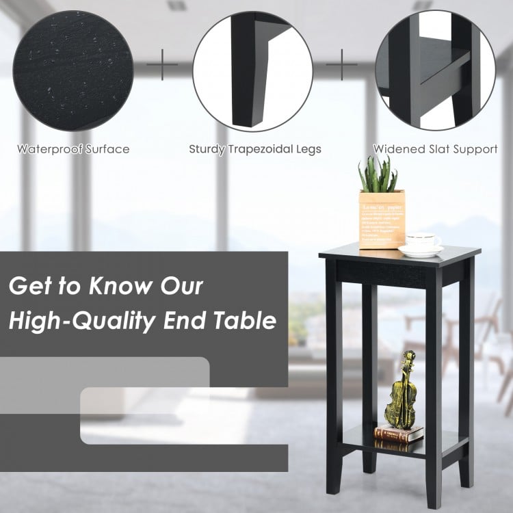 Black 2-tier end table with solid wood legs, ideal for bedside or sofa side storage in a stylish and compact design.