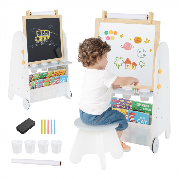 Toddler using the 4-in-1 activity table set with magnetic whiteboard and chalkboard, featuring storage and adjustable.