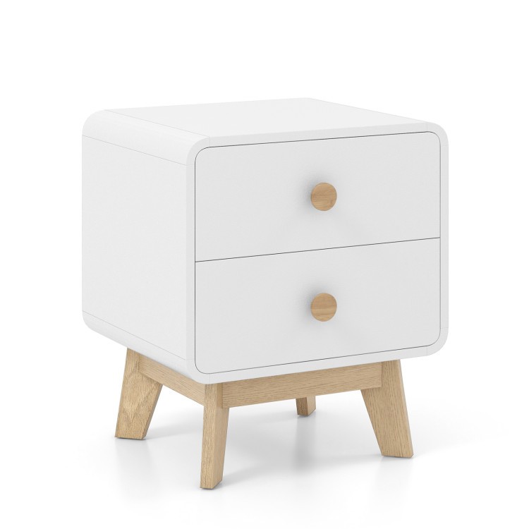 White nightstand showcasing two drawers and solid rubberwood legs, ideal for organizing bedroom essentials with style.