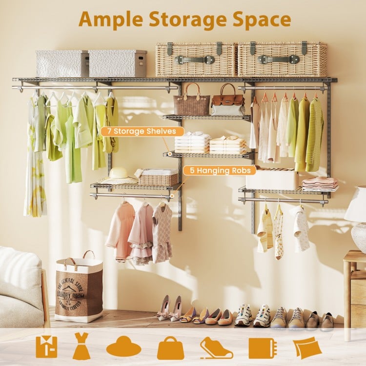 Closet organizer system with 7 shelves and 5 hanging rods in grey, ideal for laundry and bedroom storage solutions.