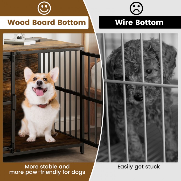 40-inch dog crate with a wood bottom, featuring dual lockable doors and a rustic brown finish for pet-friendly use.